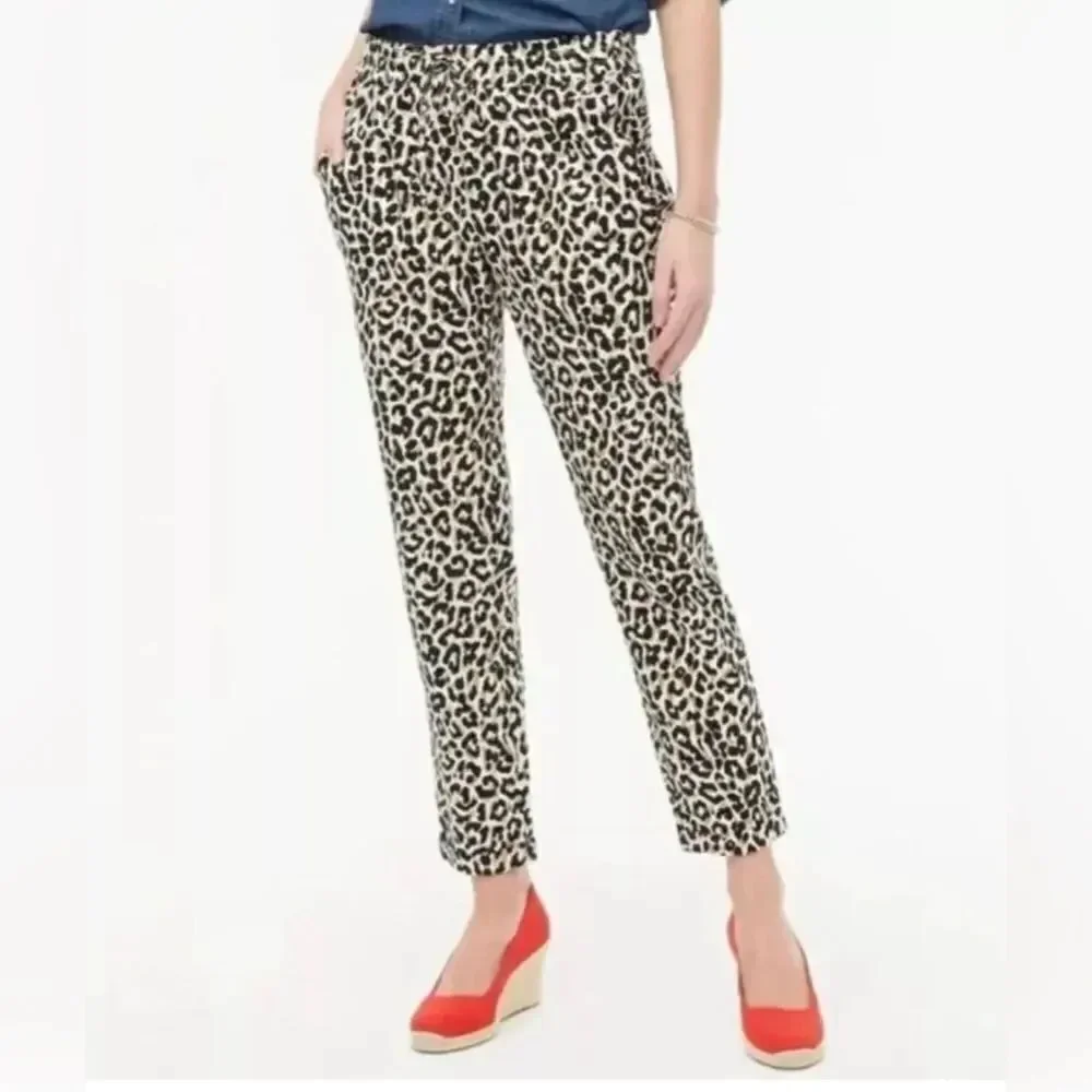 J. Crew Leopard Print Linen Blend Cuffed Ankle Pants Joggers Sz 8